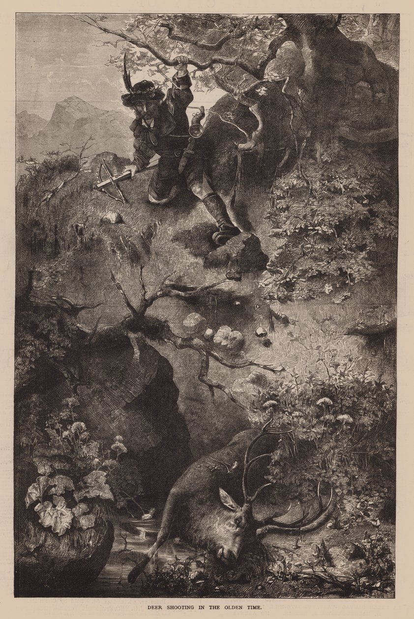 Herten schieten in de oude tijd (gravure) door English School