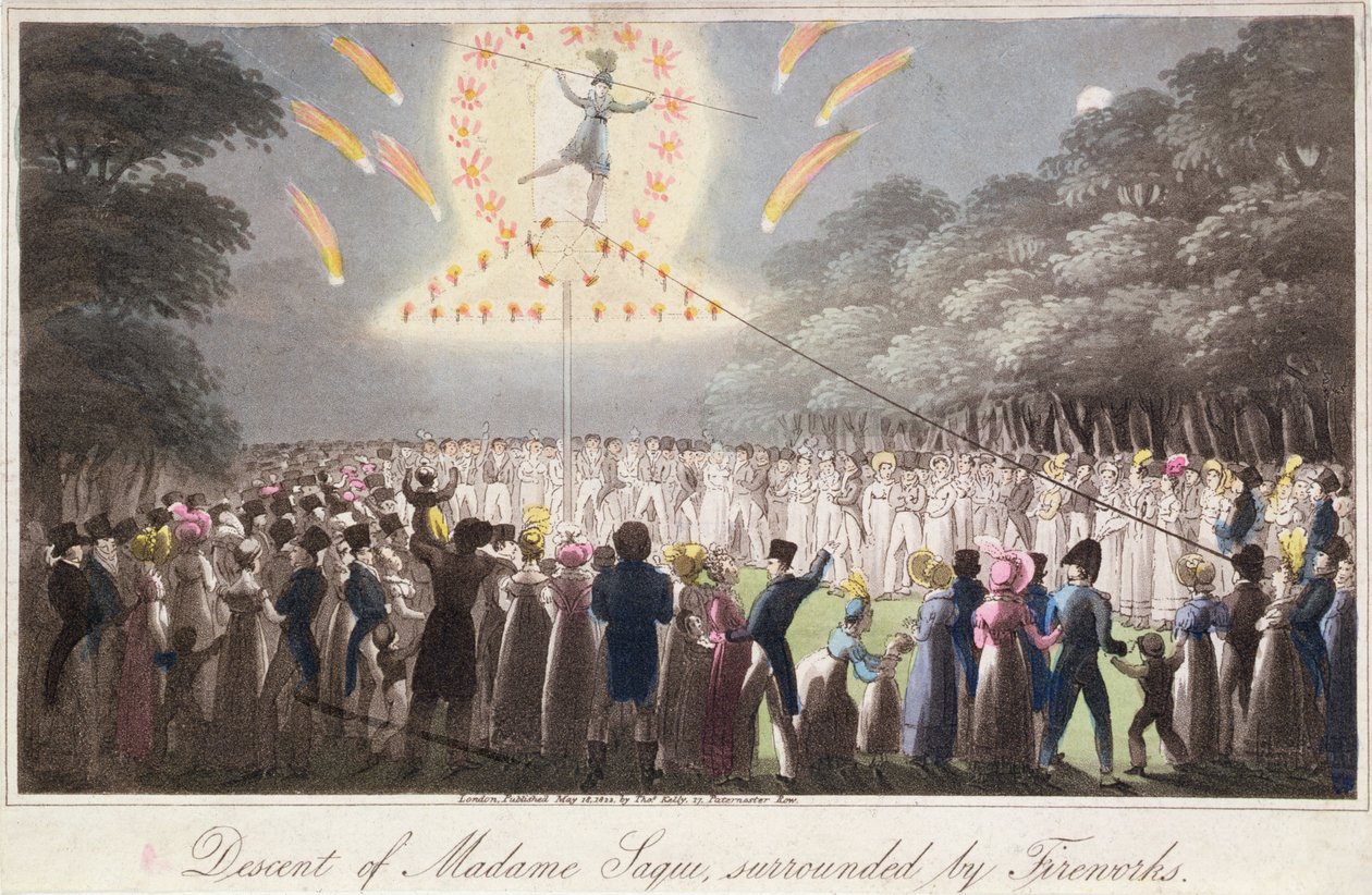 Afdaling van Madame Saqui, omringd door vuurwerk, uitgegeven door Thomas Kelly (fl.1820-55) Londen door English School