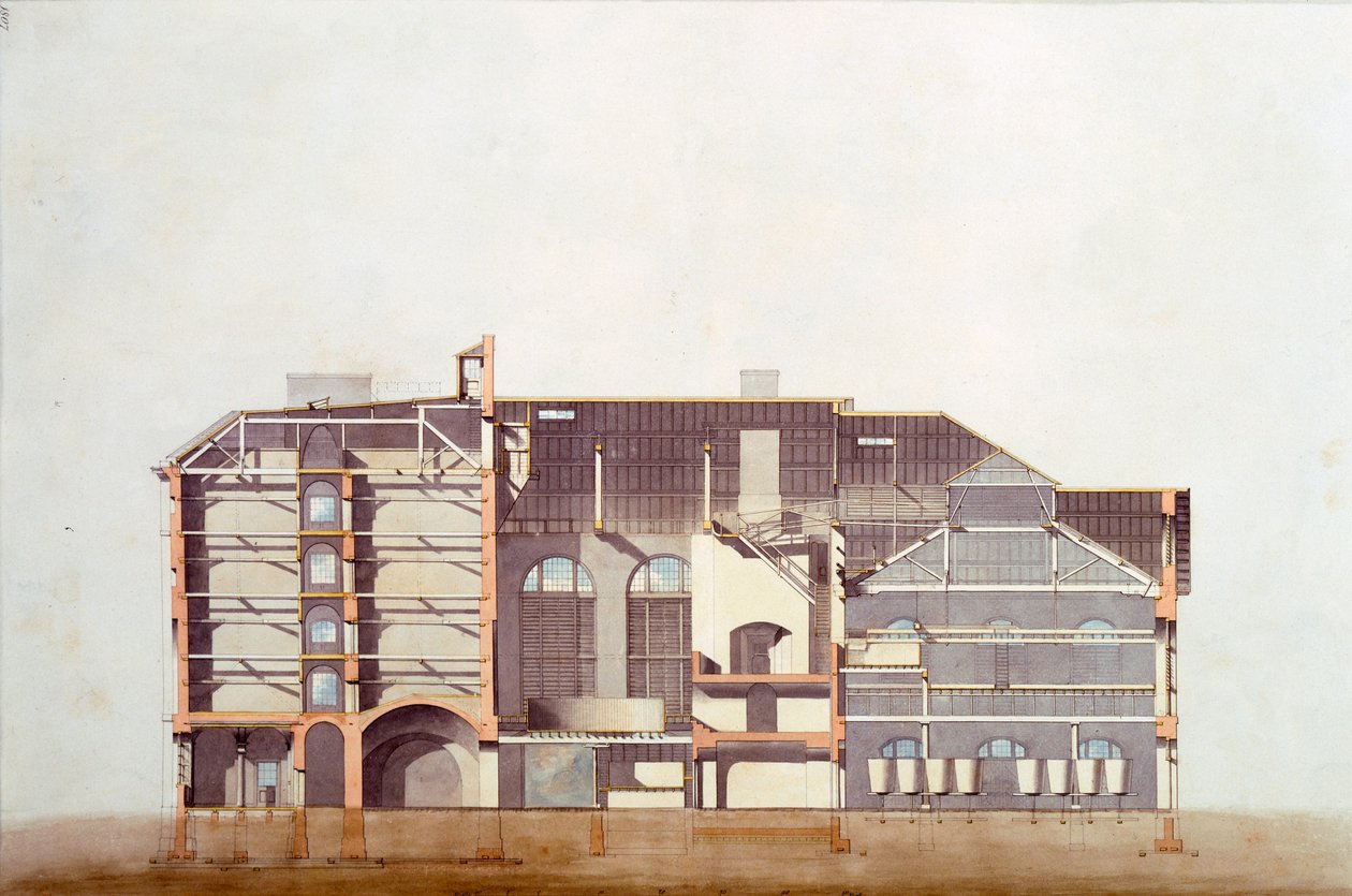 Ontwerp voor de Stag Brouwerij, originele manuscripttekening van de kantoren van George Saunders, ca. 1807 door English School