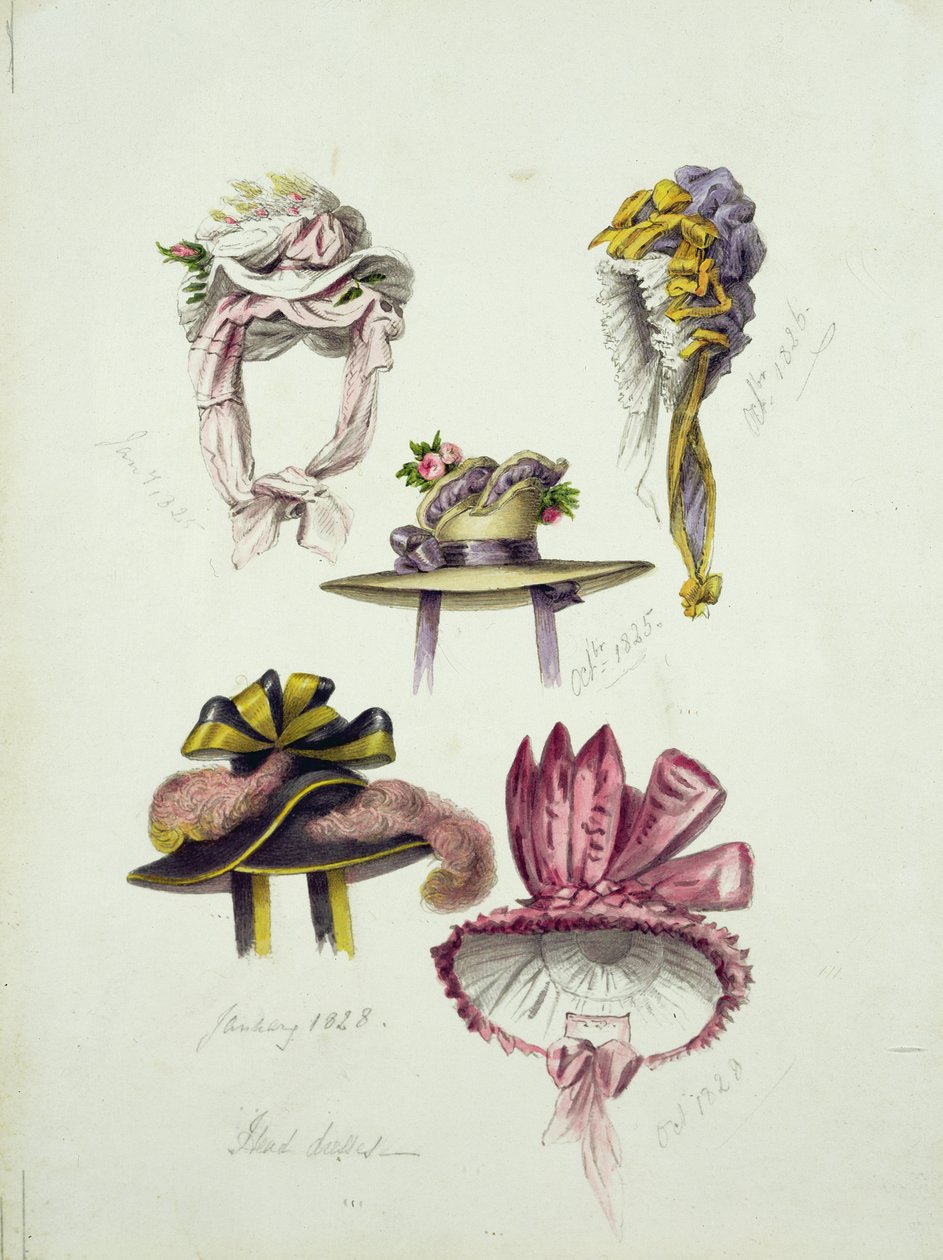 Ontwerpen voor Regency Hoeden, 1828 door English School