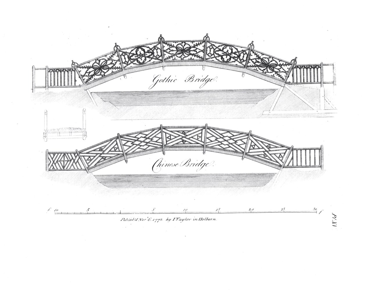 Ontwerpen voor tuinbruggen, gepubliceerd 1773 door English School