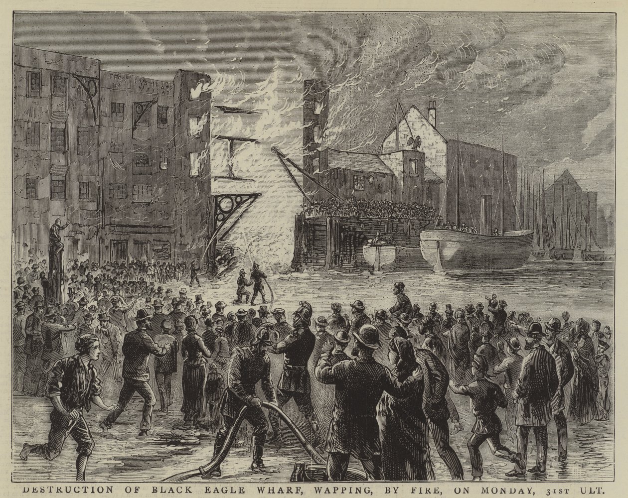 Verwoesting van Black Eagle Wharf, Wapping, door brand, op maandag 31 maart (gravure) door English School