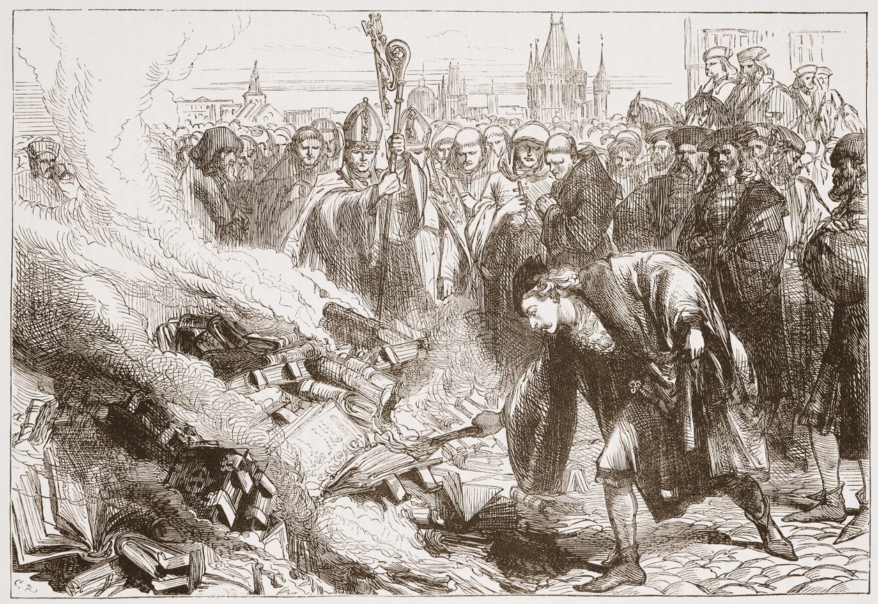 Vernietiging van de werken van Wicliffe in Praag, illustratie uit The History of Protestantism door James Aitken Wylie (1808-1890), gepubliceerd 1878 door English School