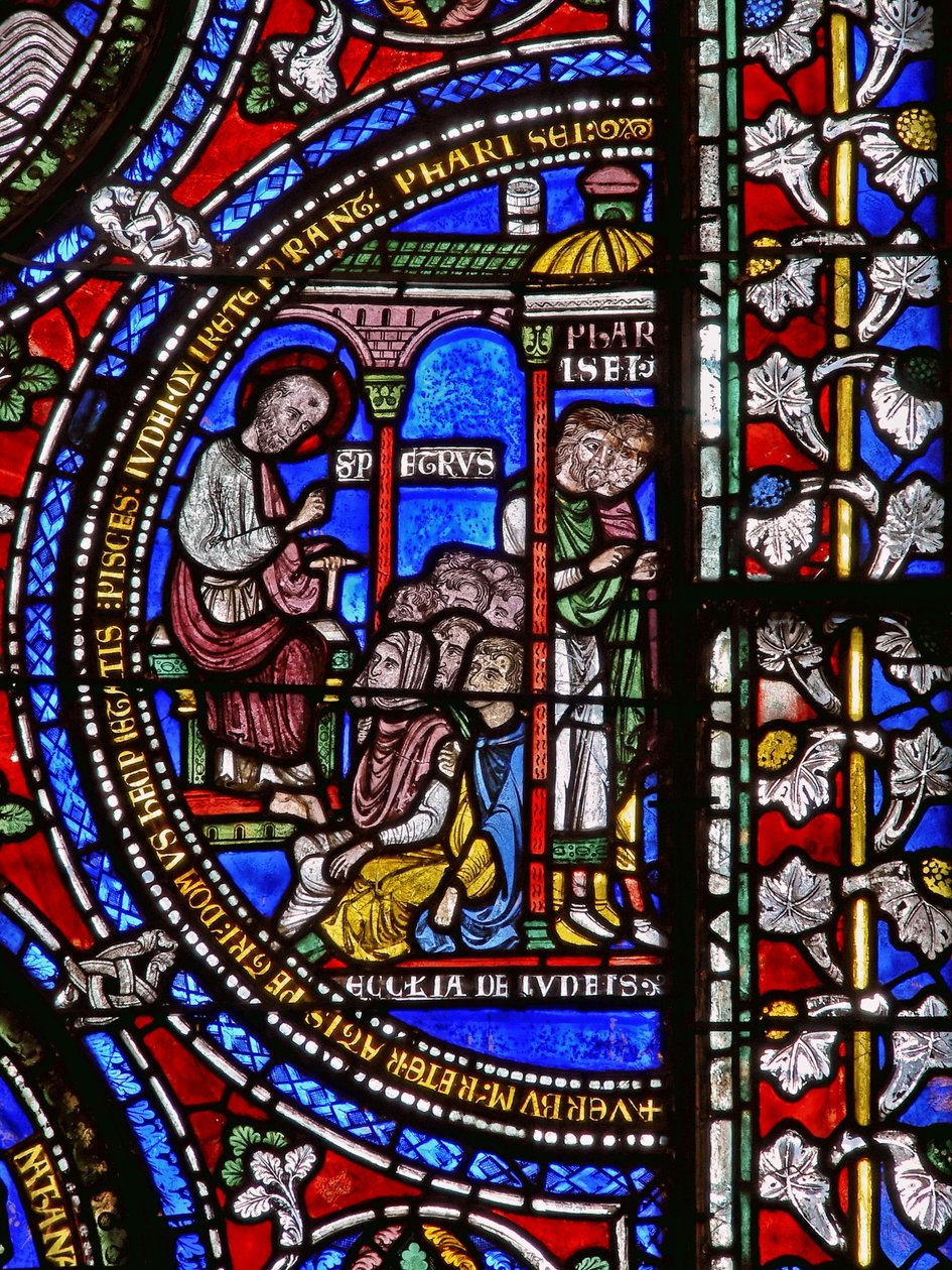 Detail van een van de Bijbelramen met St. Petrus die predikt door English School