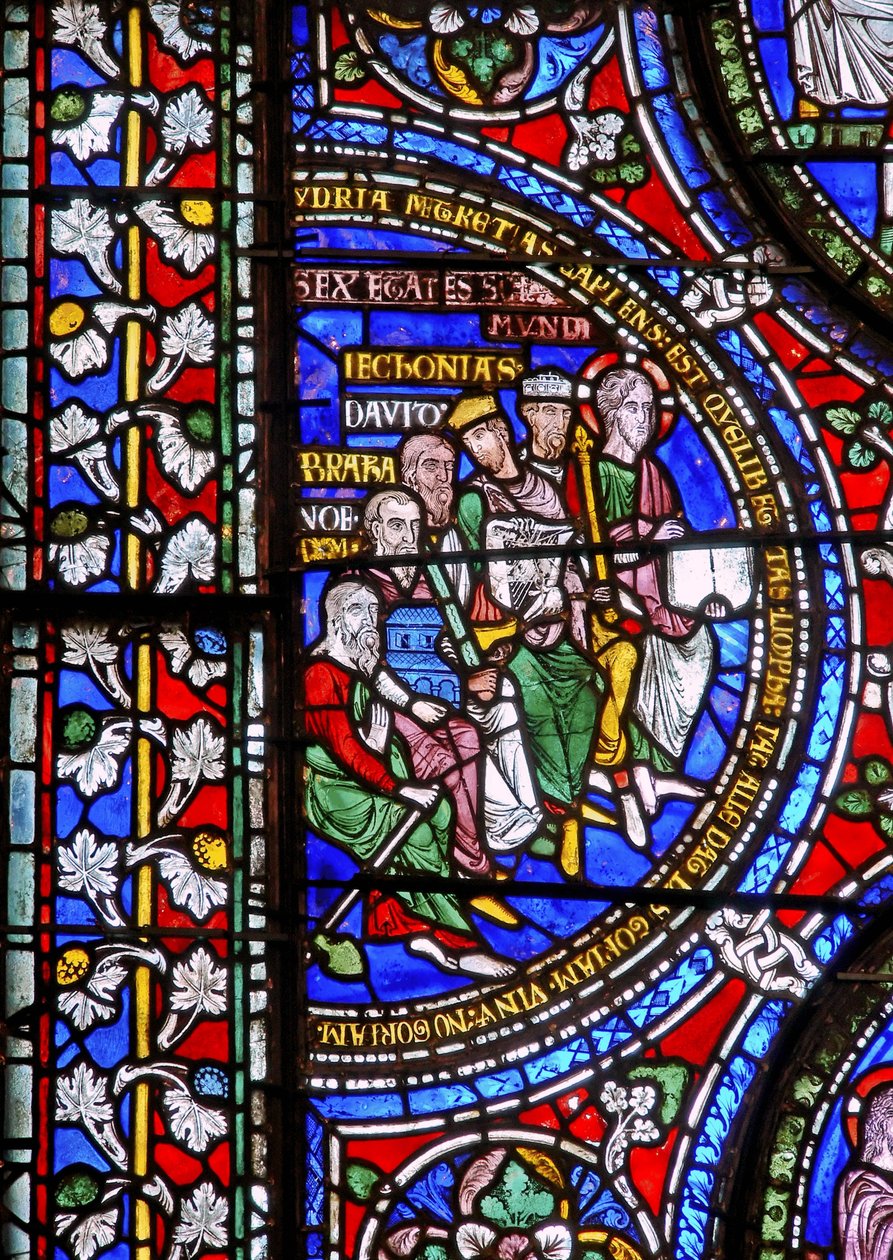 Detail van een van de Bijbelramen met de zes tijdperken van de wereld door English School