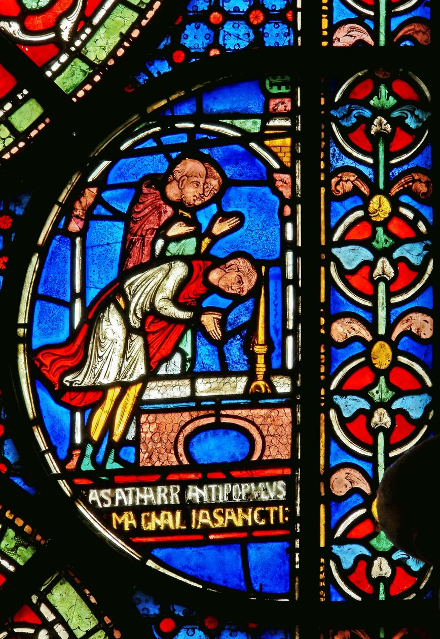 Detail van het Wonderraam met Eilward van Westoning die dank betuigt bij het graf van Thomas Becket door English School