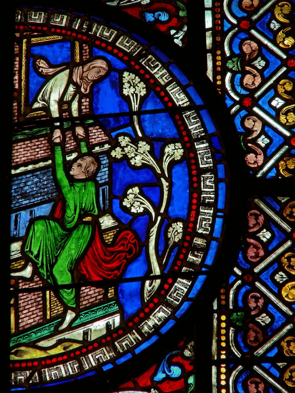 Detail uit het oostelijke raam van de Trinity Chapel met David die de stad ontvlucht door English School