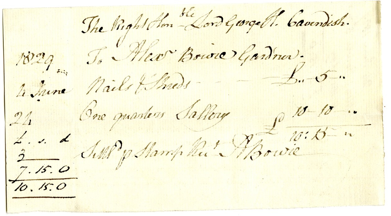 Devonshire MSS AS 3101, folio uit een bundel rekeningen vereffend door Pinder Simpson voor Lord George Cavendish, inclusief de rekening van Alexander Bowie door English School