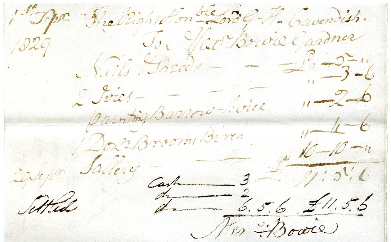 Devonshire MSS AS 3101, folio uit een bundel rekeningen vereffend door Pinder Simpson voor Lord George Cavendish, inclusief de rekening van Alexander Bowie door English School