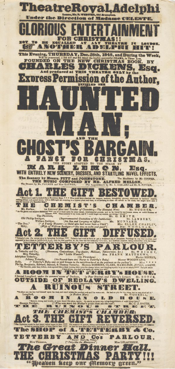Dickens affiche: The Haunted Man, in Adelphi Theatre Royal, 28 december 1848 door English School
