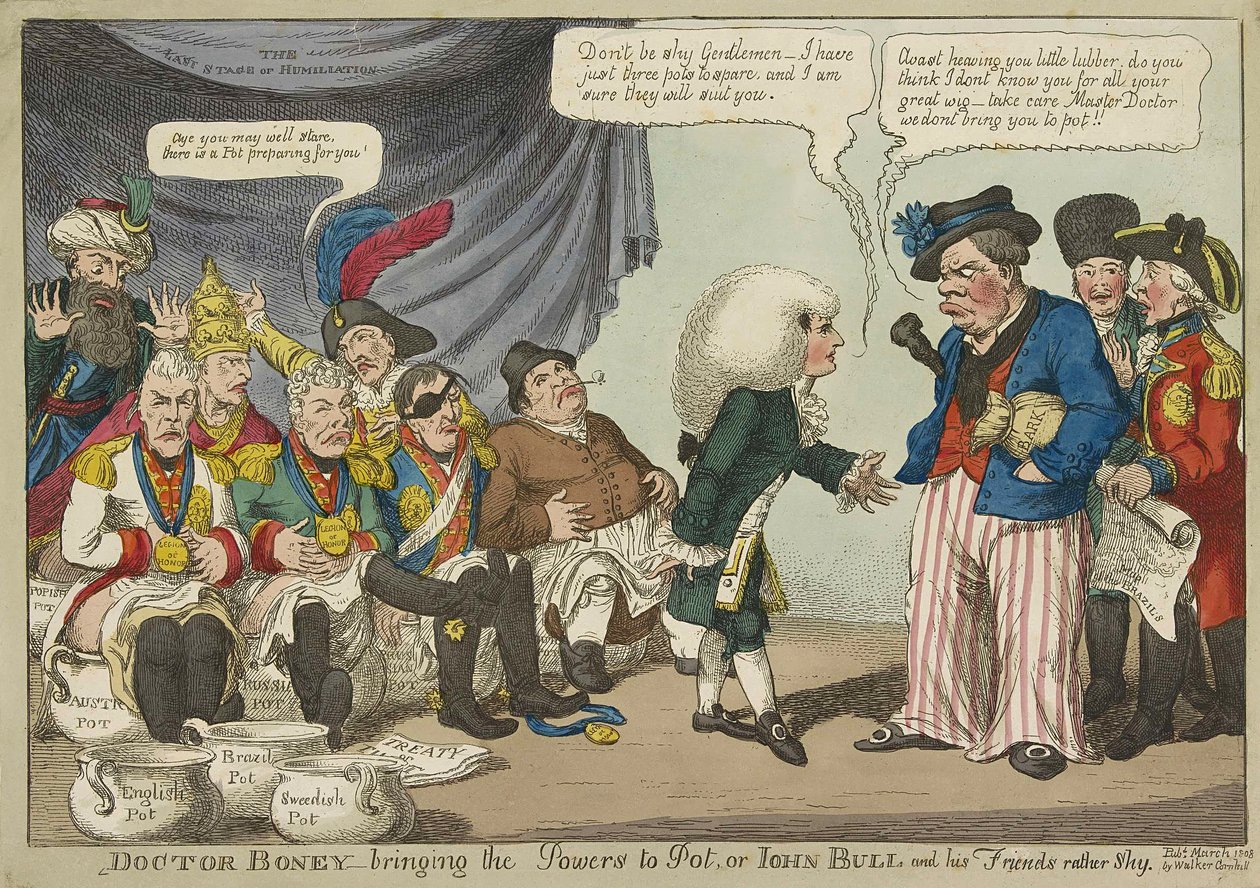 Doctor Boney brengt de machten tot pot, of John Bull en zijn vrienden nogal verlegen, pub. 1808 (handgekleurde gravure) door English School