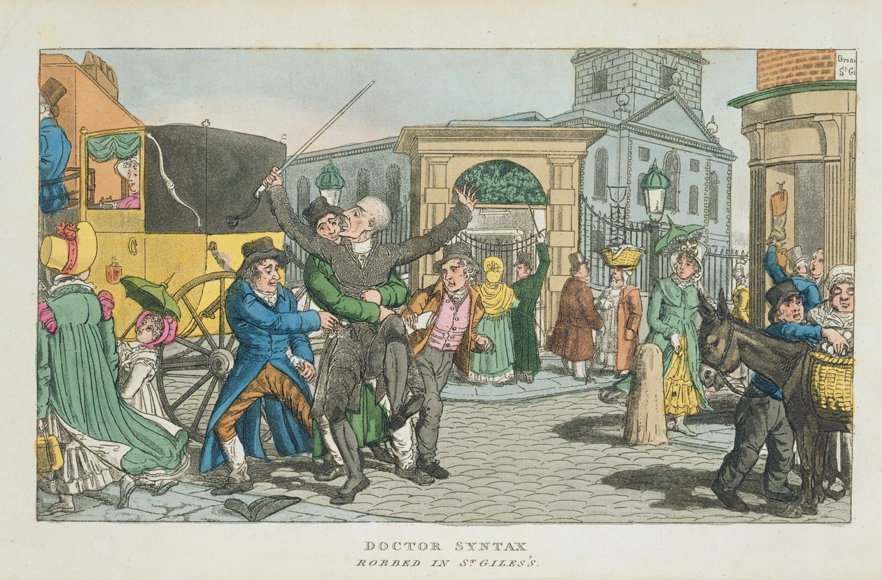Doctor Syntax beroofd in St. Giles, uit The Tour of Doctor Syntax through London, or the Pleasures and Miseries of the Metropolis. Een gedicht, gepubliceerd 1820 door English School