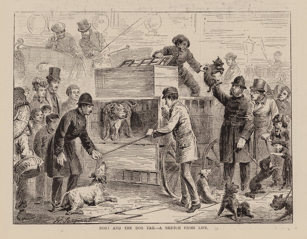 Honden en de hondenbelasting, een schets uit het leven (gravure) door English School