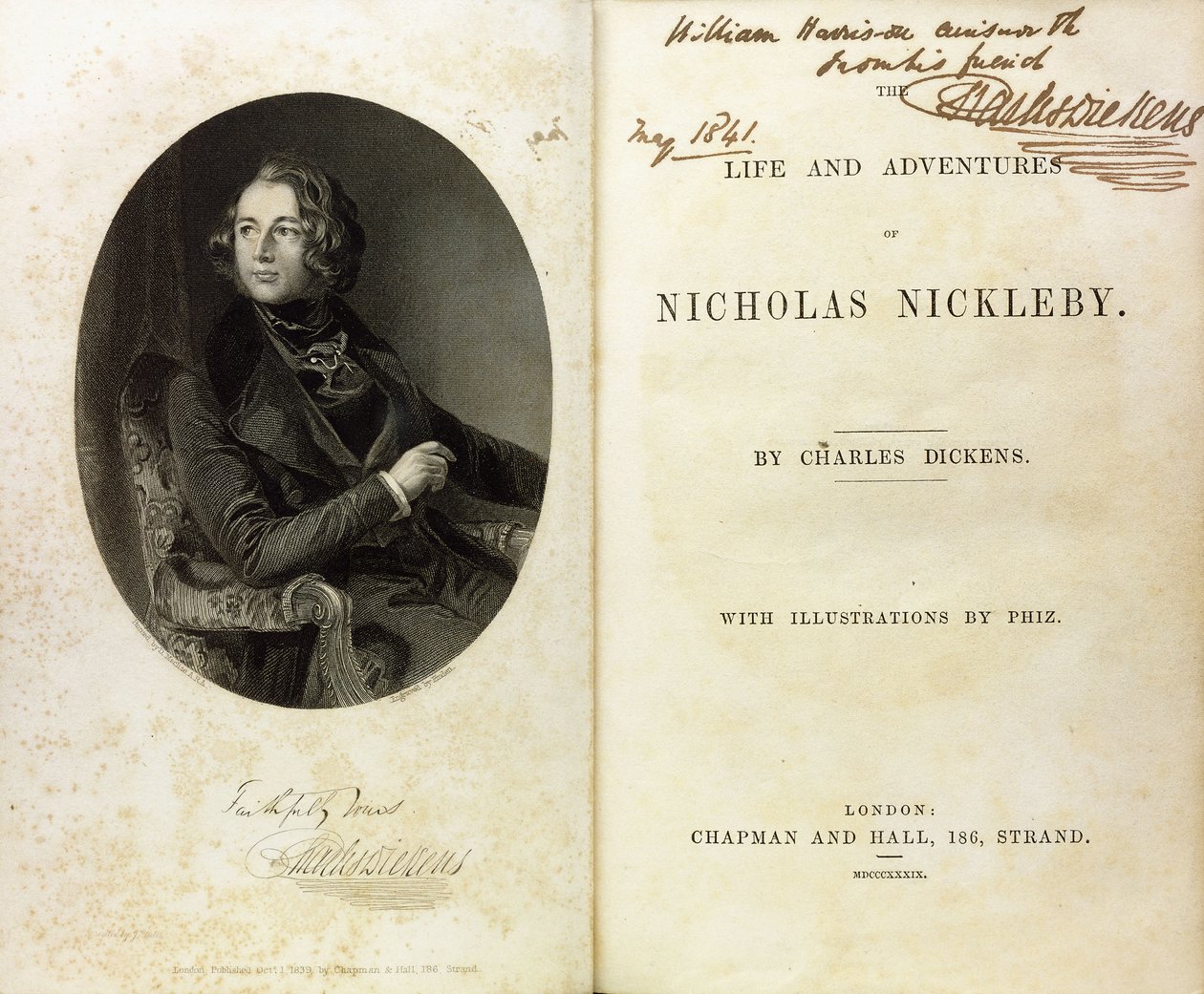 Dubbele pagina met een portret van Dickens en een toewijding van Dickens aan William Harrison Ainsworth door English School