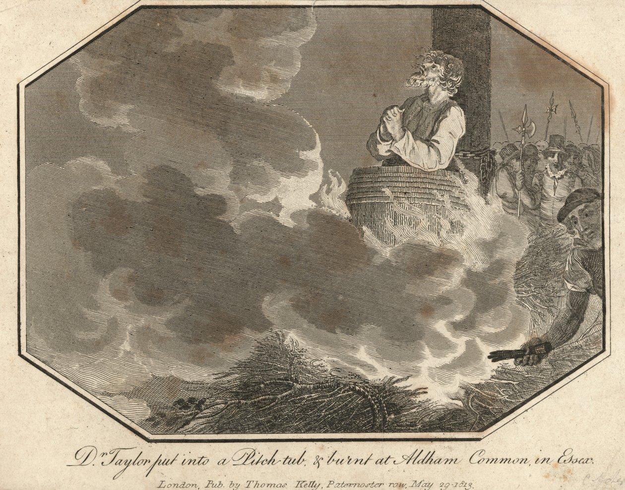 Dr Taylor in een pekkuip gestopt en verbrand bij Aldham Common in Essex (gravure) door English School