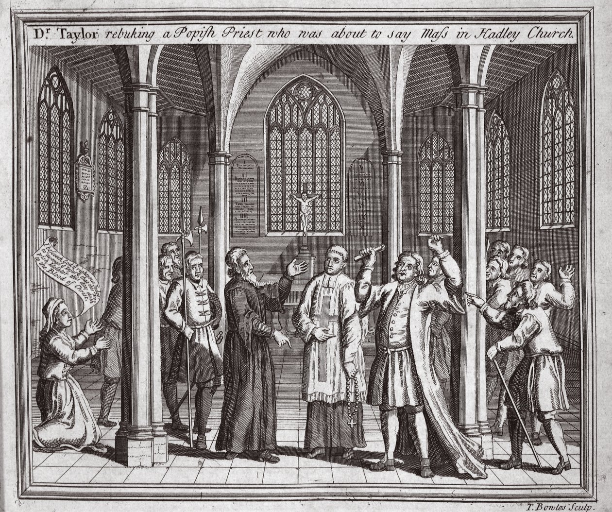 Dr. Taylor berispt een pauselijke priester die op het punt stond de mis op te dragen in de kerk van Hadley, illustratie uit Foxes Martelaren ca. 1703 door English School