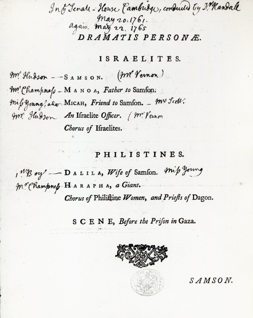 Dramatis Personae voor Samson, een Oratorium van Handel, gepubliceerd in 1759 door English School