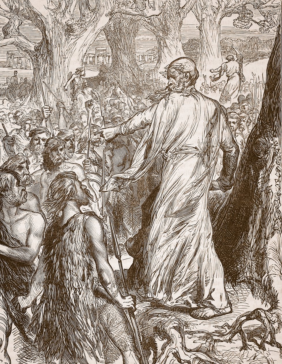 Druïden die de Britten aanzetten om de landing van de Romeinen te weerstaan, illustratie uit Cassells Illustrated History of England door English School