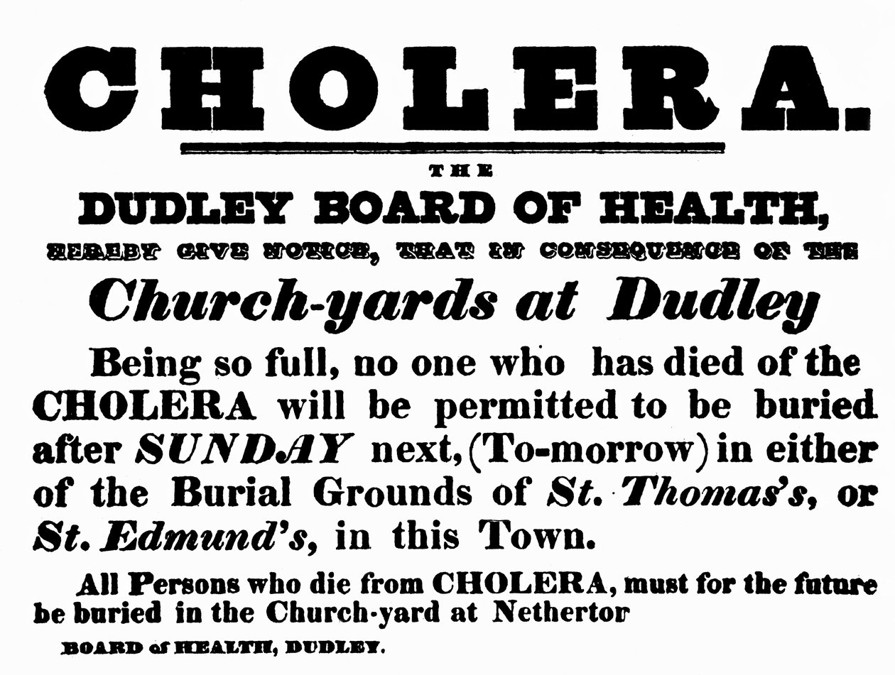 Dudley Board of Health poster met aankondiging van de begrafenisprocedure voor mensen die aan cholera zijn overleden, c.1840