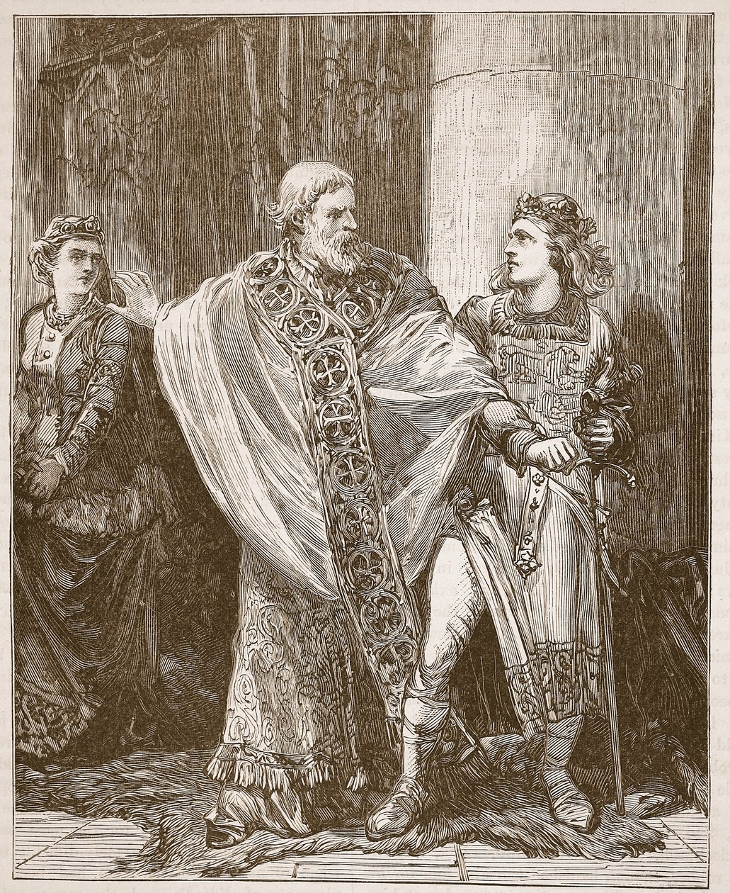 Dunstan die Edwy uit de aanwezigheid van Elgiva sleept, illustratie uit Cassells Illustrated History of England door English School