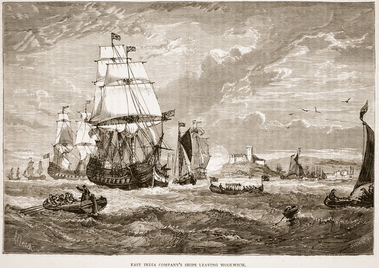 Schepen van de Oost-Indische Compagnie verlaten Woolwich, illustratie uit Cassells Geïllustreerde Geschiedenis van India door James Grant, uitgegeven 1879 door English School