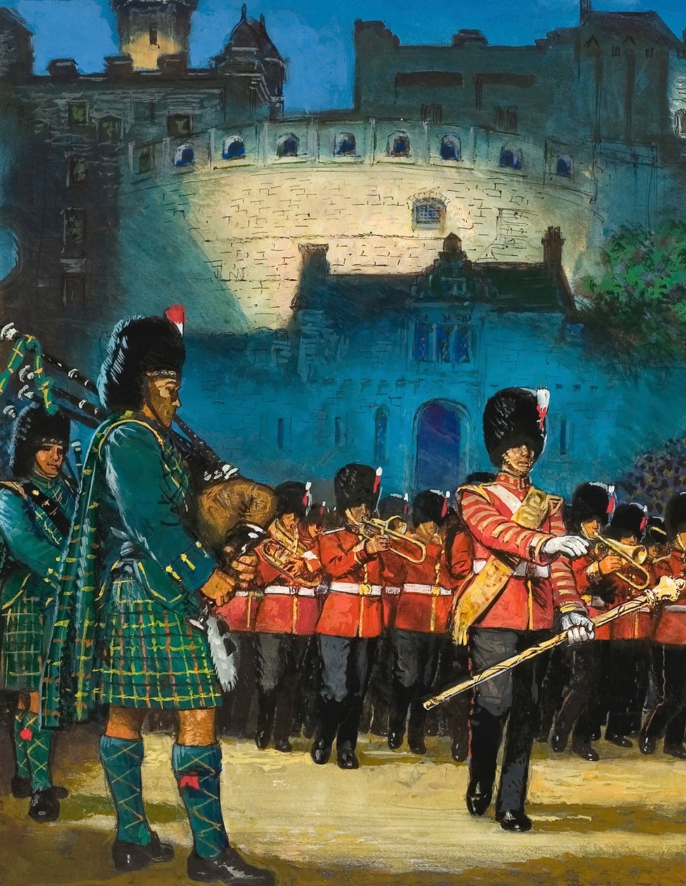Edinburgh Tattoo (gouache op papier) door English School
