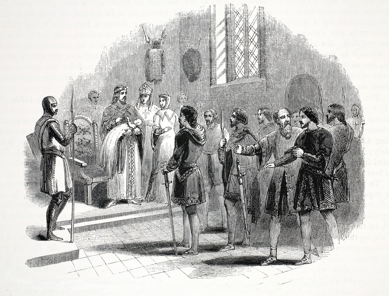 Edward de Eerste presenteert de Welshe stamhoofden een prins geboren onder hen, in Rhuddlan Castle door English School