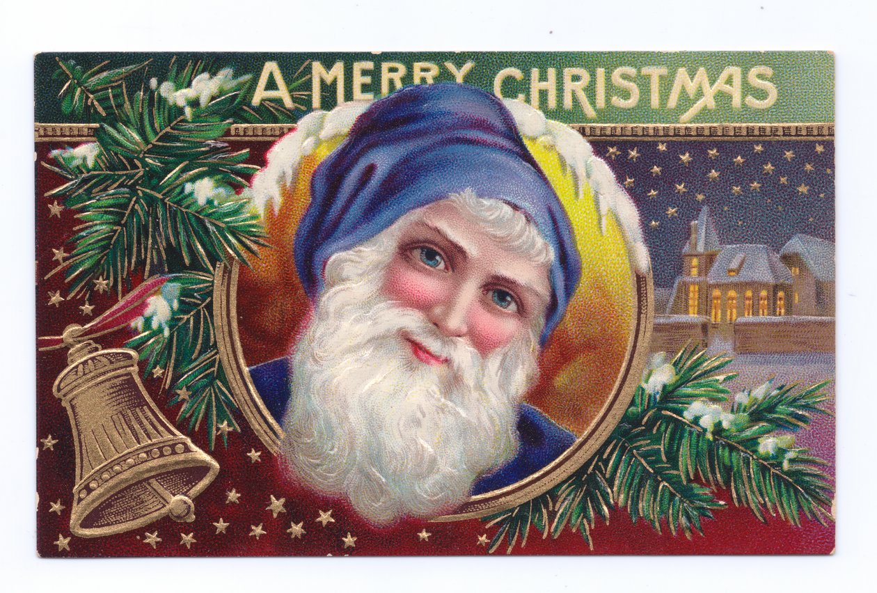 Edwardiaanse kerstpostkaart van de kerstman met maretak en een bel, ca. 1910 (kleurenlitho) door English School