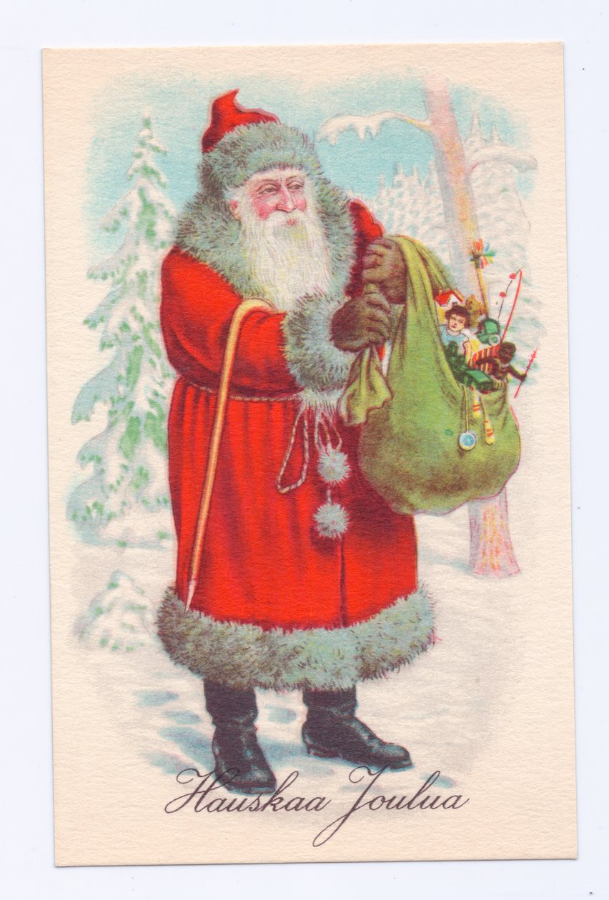 Edwardiaanse ansichtkaart van de kerstman met een zak speelgoed, ca. 1910 (kleurenlitho) door English School