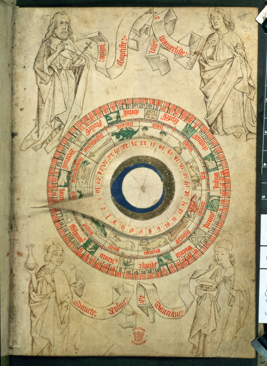 Egerton Ms 2575 fol.51 De Volvelle van de Barbier-Chirurg, laat 15e eeuw (perkament) door English School