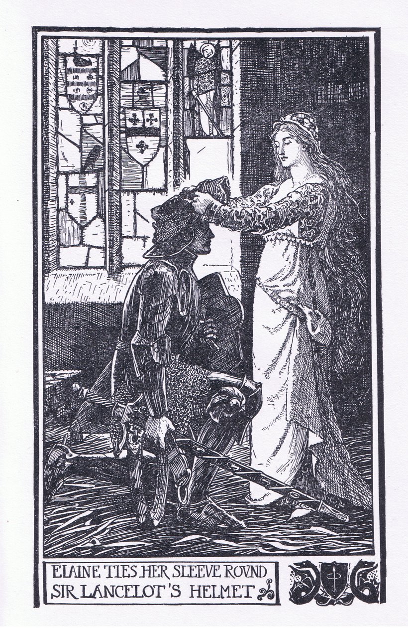 Elaine bindt haar mouw om Sir Lancelot