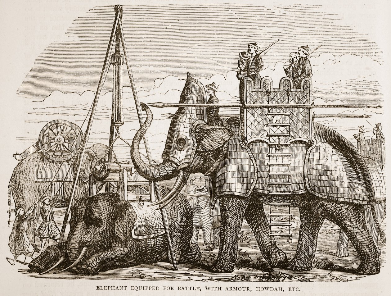 Olifant uitgerust voor de strijd, met harnas, howdah, enz., illustratie uit Cassells Geïllustreerde Geschiedenis van India door James Grant, uitgegeven 1879 door English School