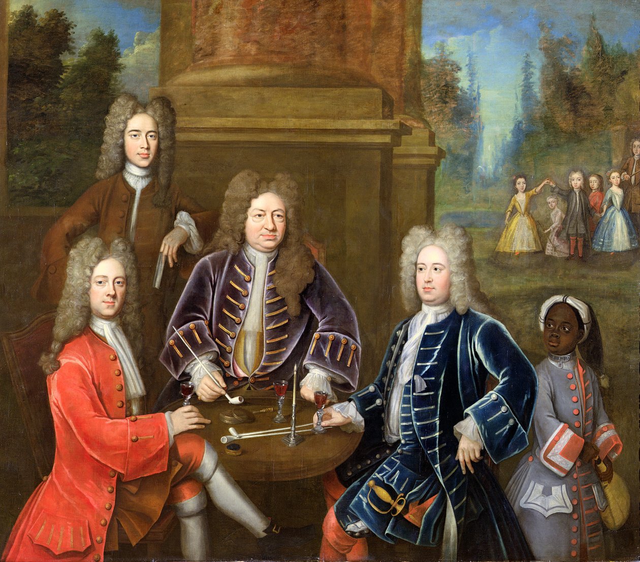 Elihu Yale (1648-1721) de tweede hertog van Devonshire, Lord James Cavendish, Mr Tunstal en een page, c.1708 door English School