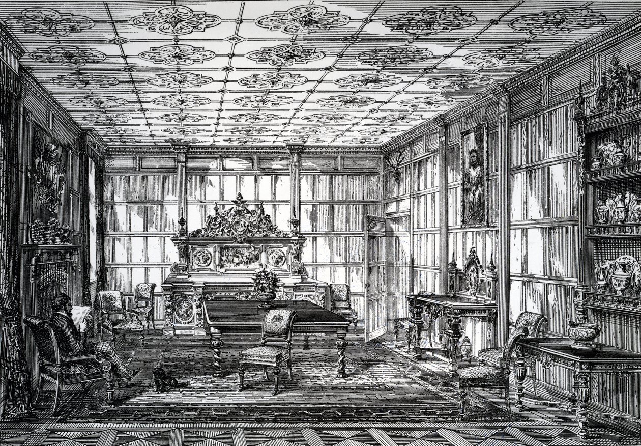 Elizabethaanse eetkamer, gepubliceerd in The House-Furnisher & Decorator, 1 oktober 1872 door English School