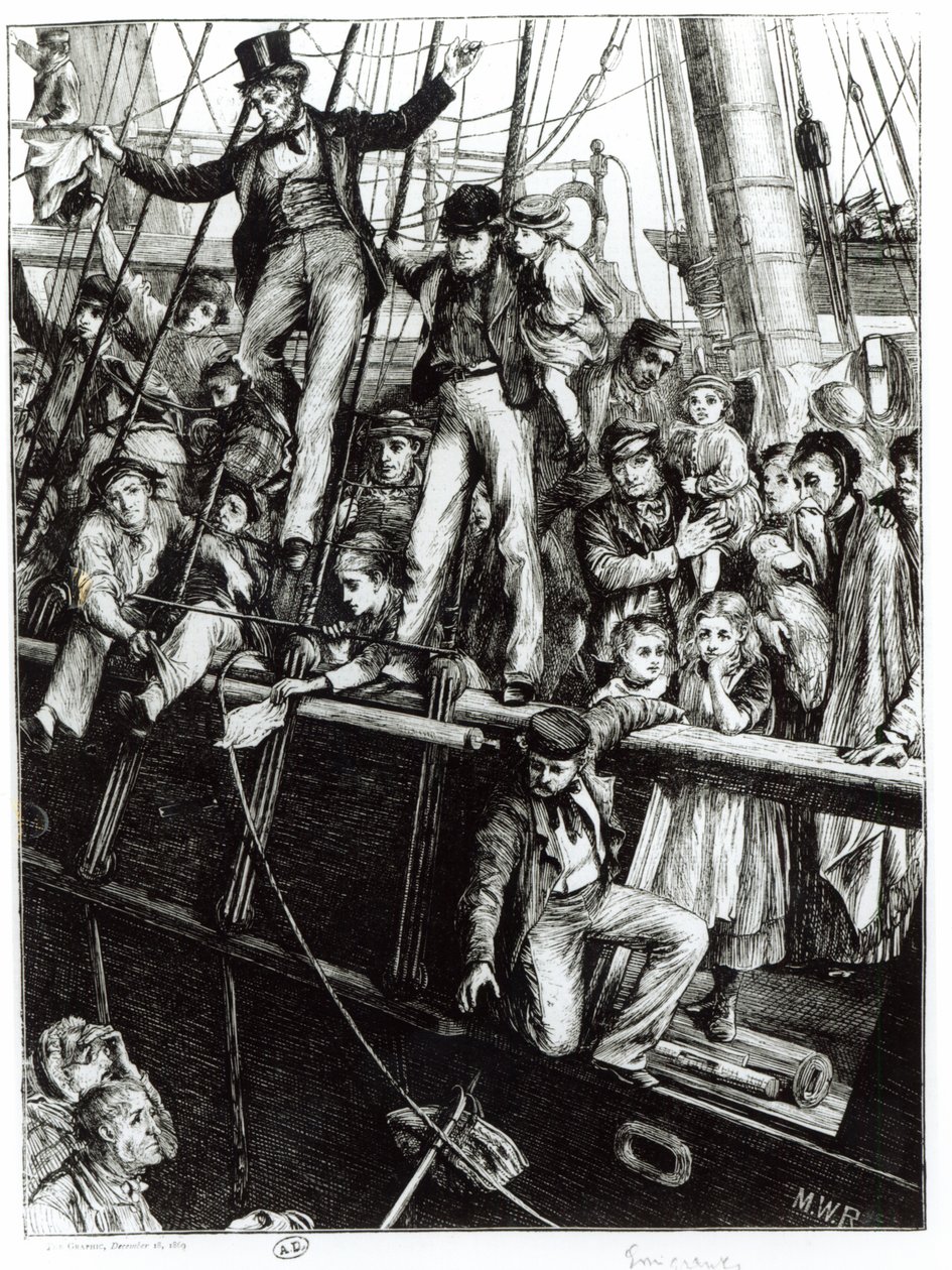 Emigranten verlaten Oud Engeland, uit het tijdschrift The Graphic, 18 december 1869 door English School