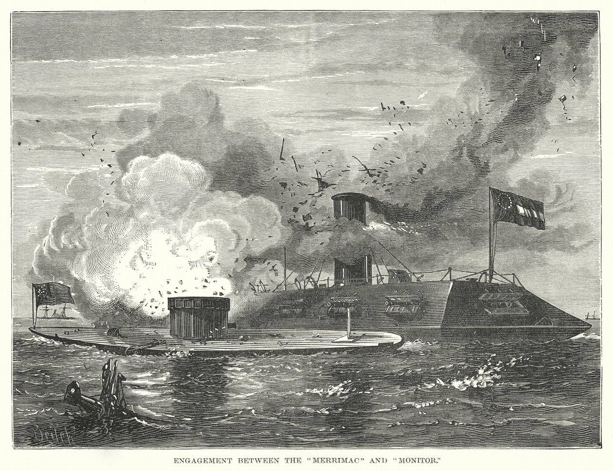Gevecht tussen de "Merrimac" en de "Monitor" (gravure) door English School