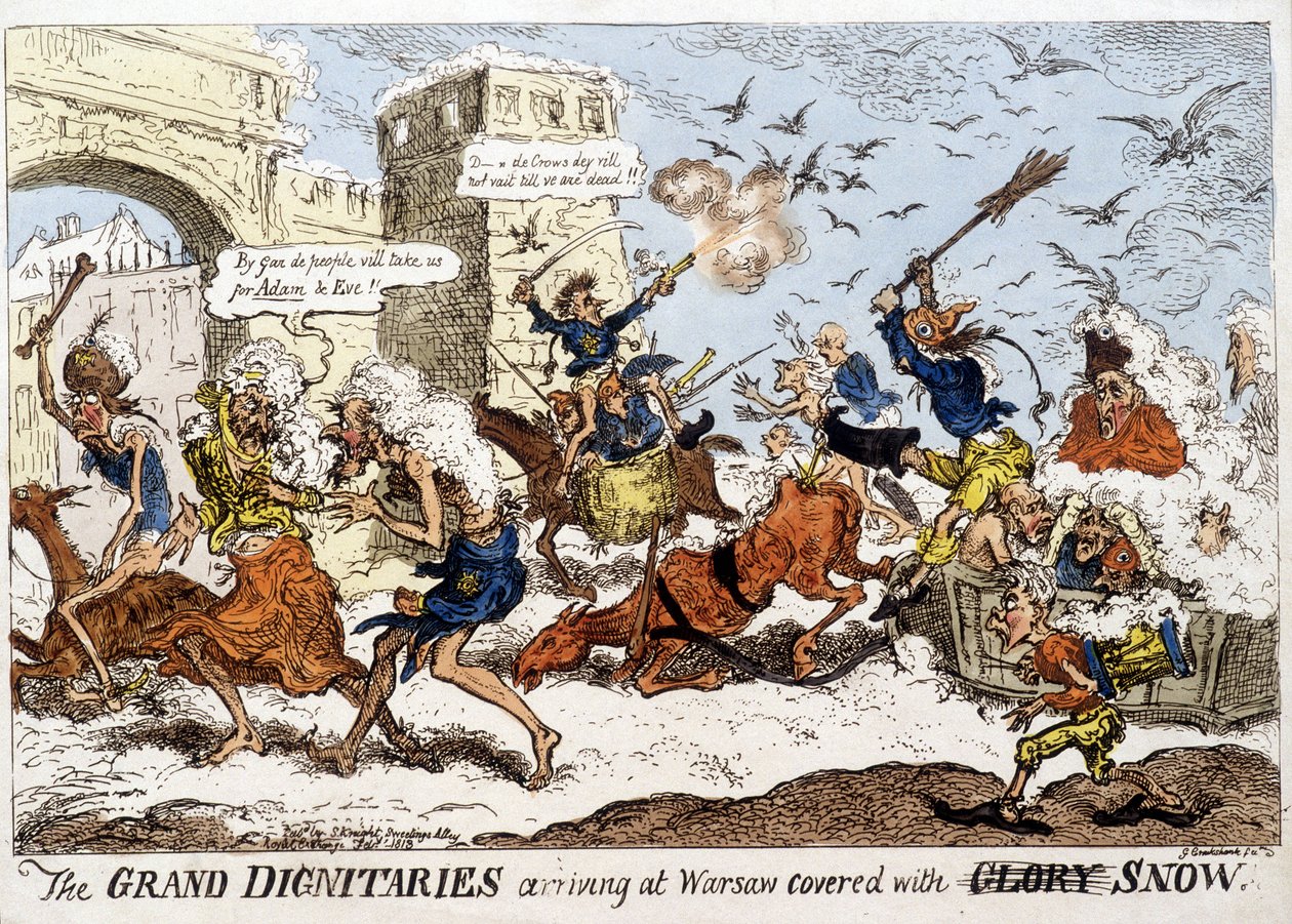 Engelse cartoon over de aankomst van het Napoleontische leger in Warschau onder sneeuw na de Russische terugtocht in december 1812 door English School