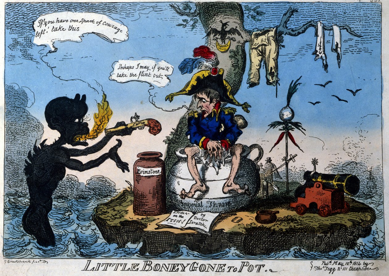 Engelse cartoon die keizer Napoleon I in ballingschap op Elba-eiland afbeeldt: zittend op zijn nieuwe troon in de vorm van een po, een demon geeft hem een pistool als hij de moed heeft om het te gebruiken. Mei 1814. door English School