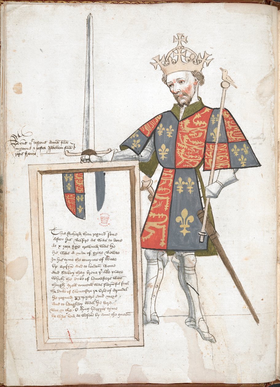 Engelse koning in harnas en tabberd (Richard II), die een plaquette met verzen overhandigt. door English School