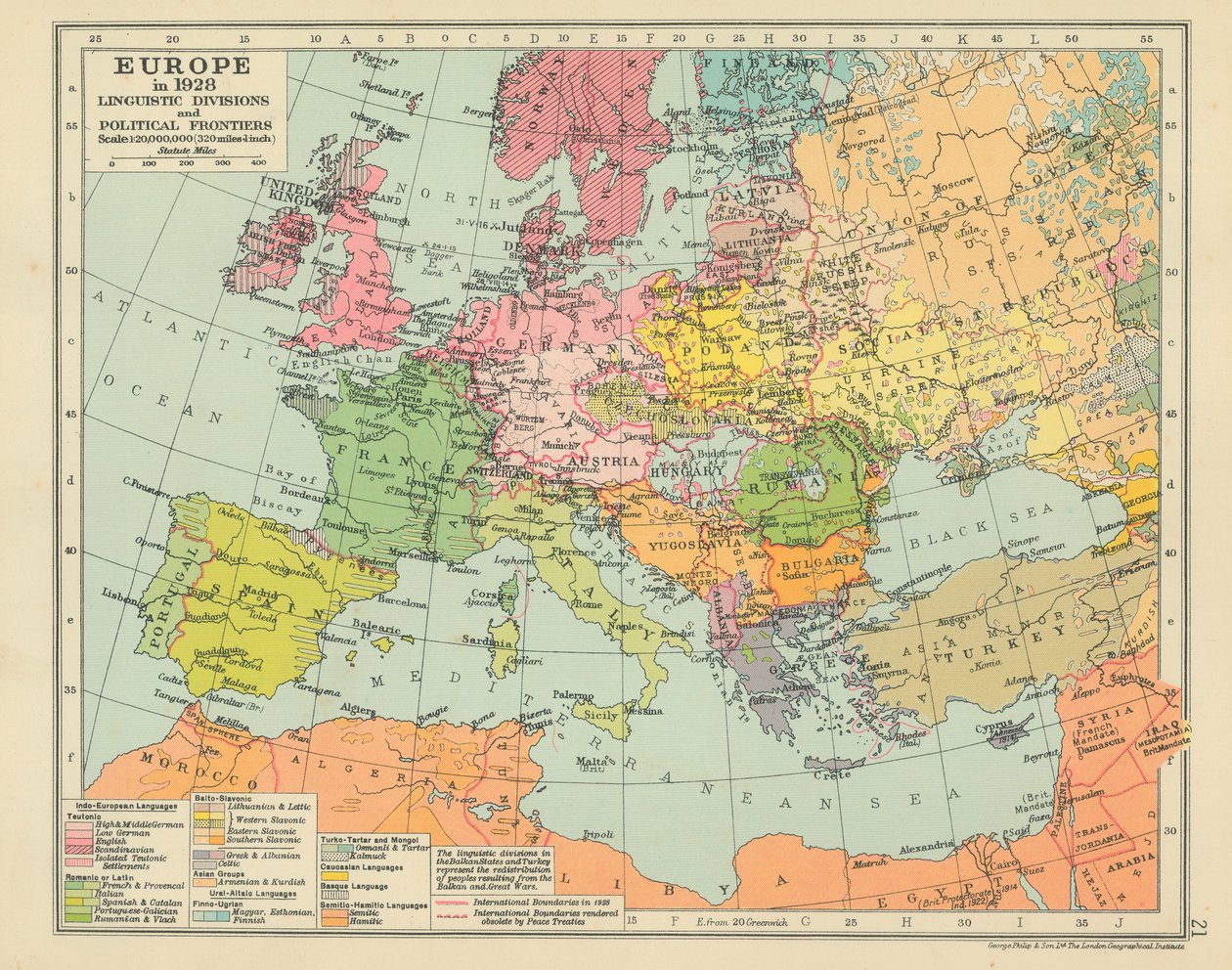 Europa in 1928 Taalkundige scheidslijnen en politieke grenzen (kleurenlitho) door English School