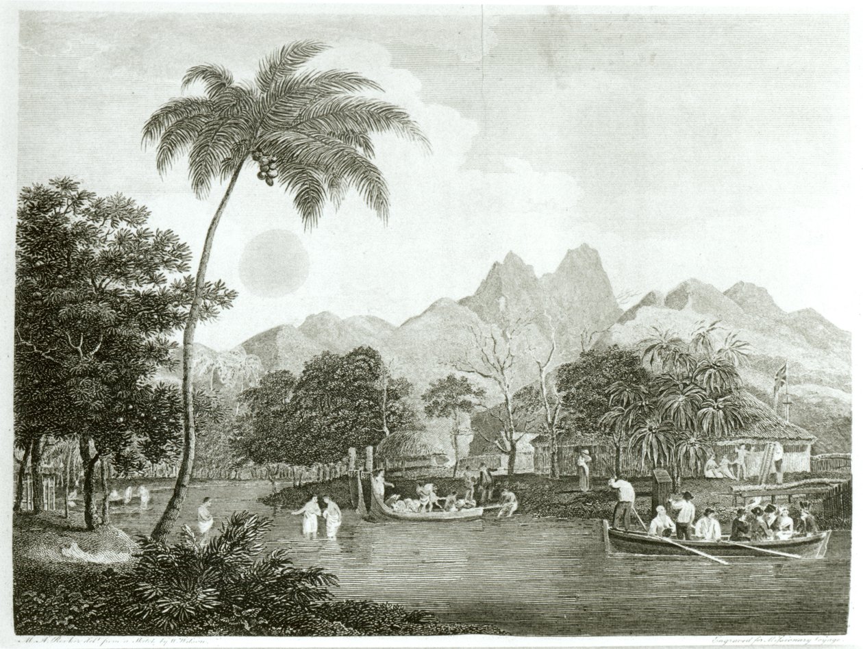 Europese missionarissen in een Tahitiaans dorp, uit Een Zendingsreis naar de Zuidelijke Stille Oceaan uitgevoerd in de jaren 1796-98 in het schip Duff, gepubliceerd 1799 door English School