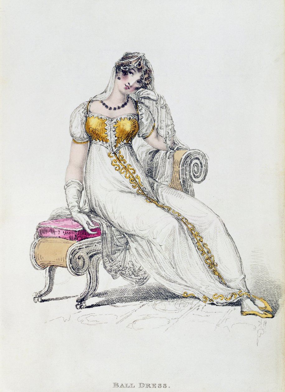 Avondjurk of trouwjurk, modeplaat uit Ackermanns Repository of Arts door English School