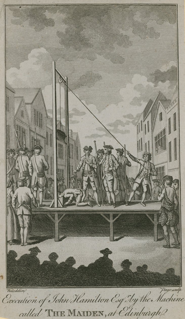 Executie van John Hamilton Esq door de machine genaamd The Maiden (gravure) door English School