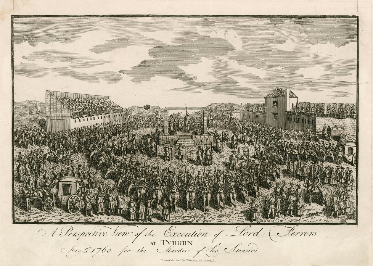 Executie van Lord Ferrers op Tyburn, 5 mei 1760, voor moord op zijn steward (gravure) door English School
