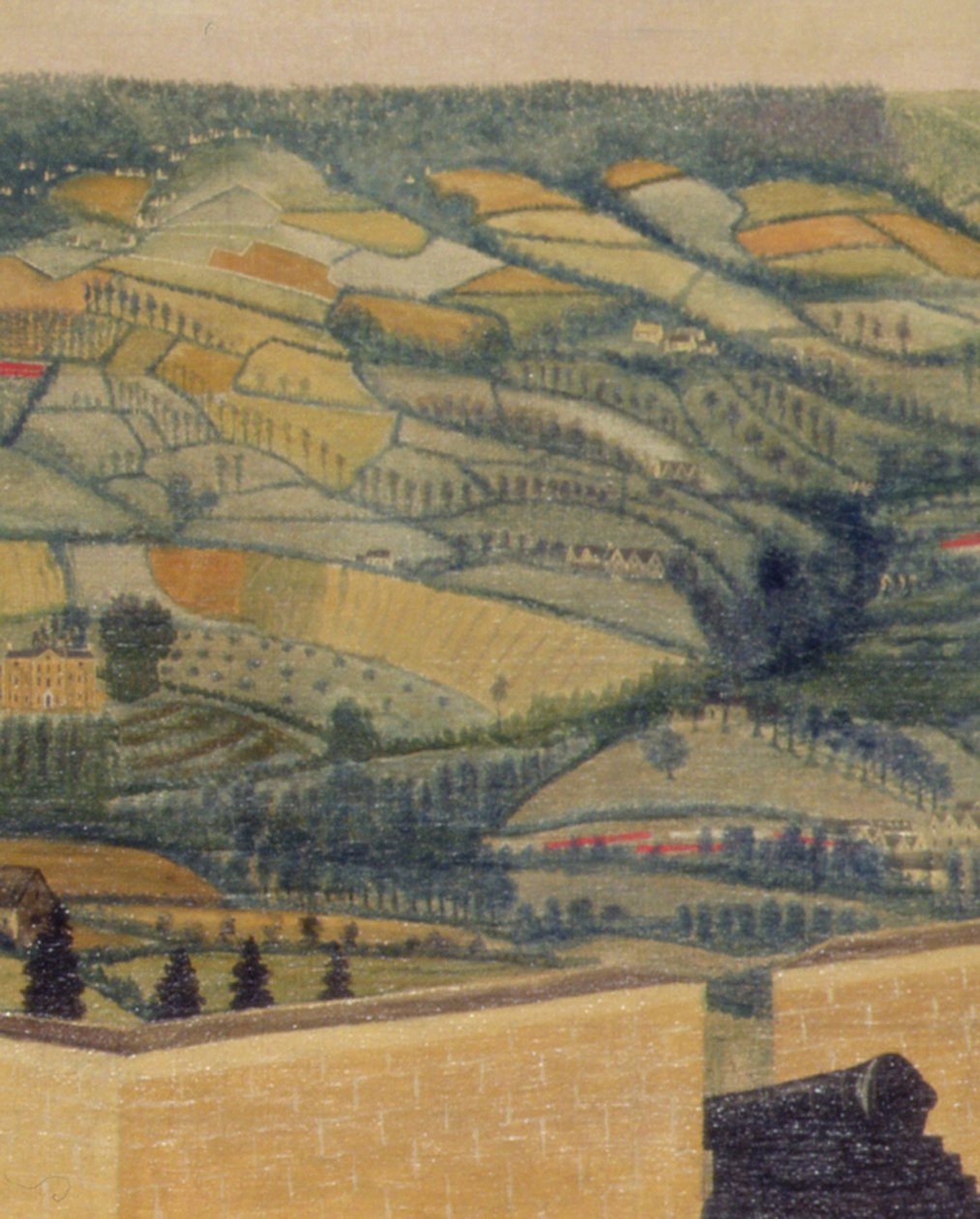 Uitgestrekt landschap gezien vanaf Rodborough Fort, ca. 1764 (detail) door English School