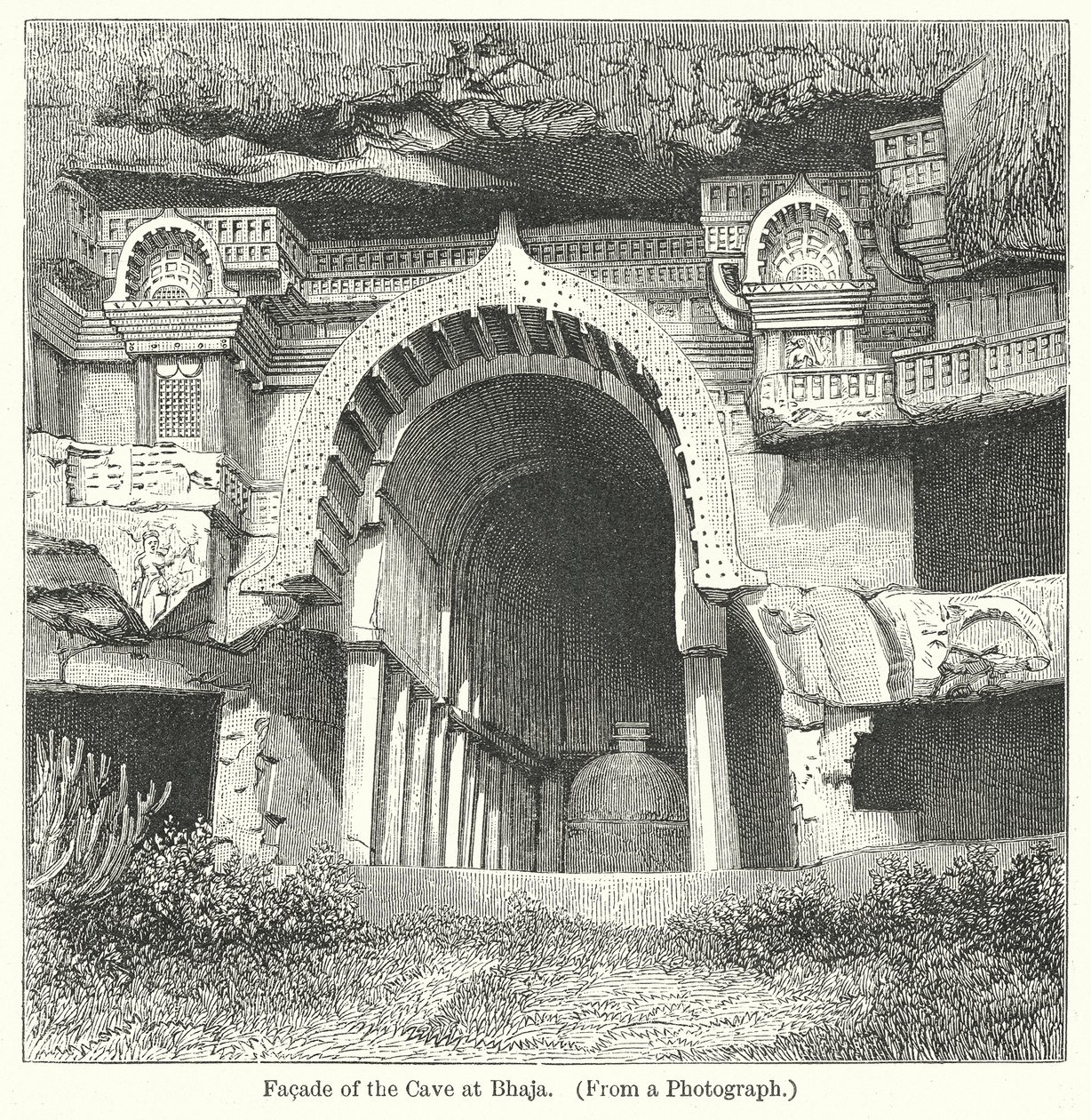 Voorgevel van de grot van Bhaja (gravure) door English School