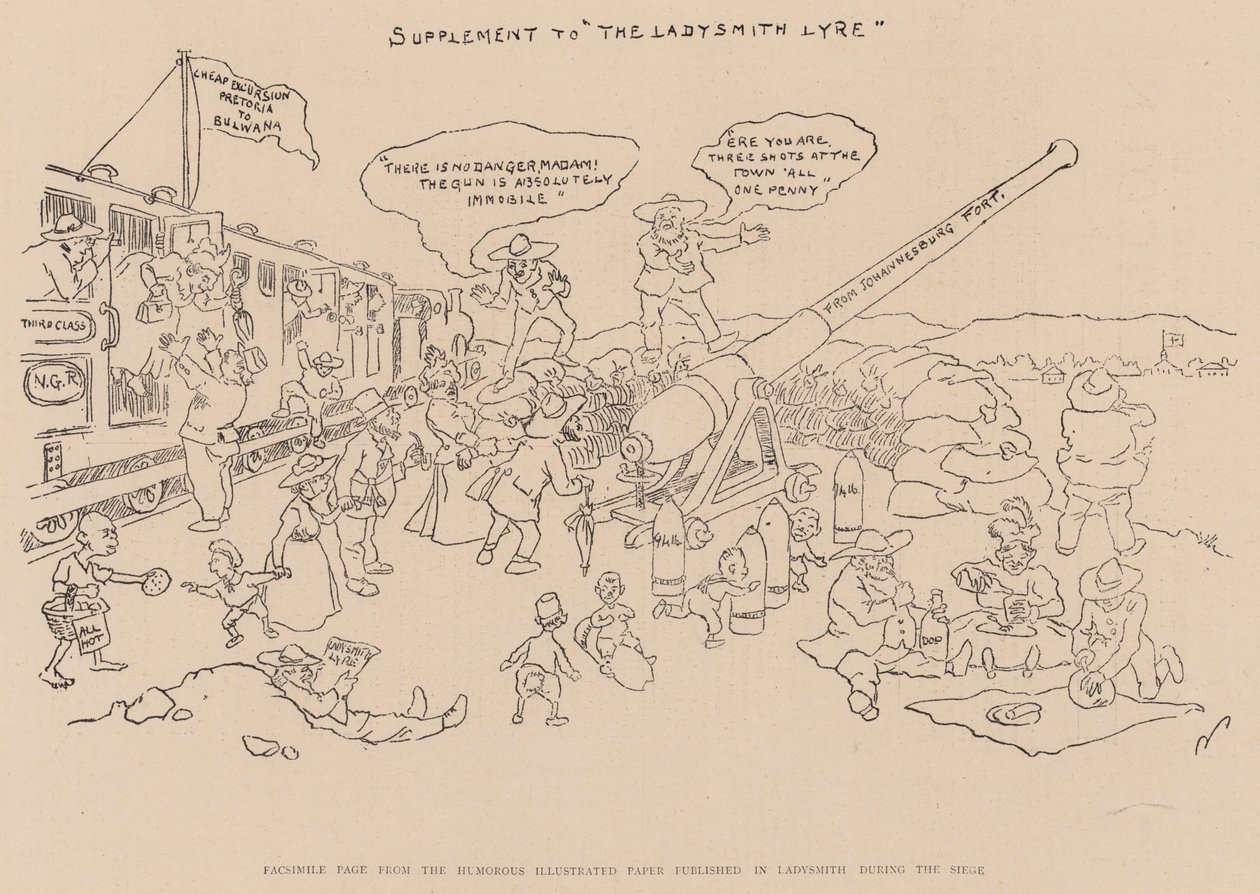Facsimile pagina uit de humoristische geïllustreerde krant gepubliceerd in Ladysmith tijdens het beleg (litho) door English School