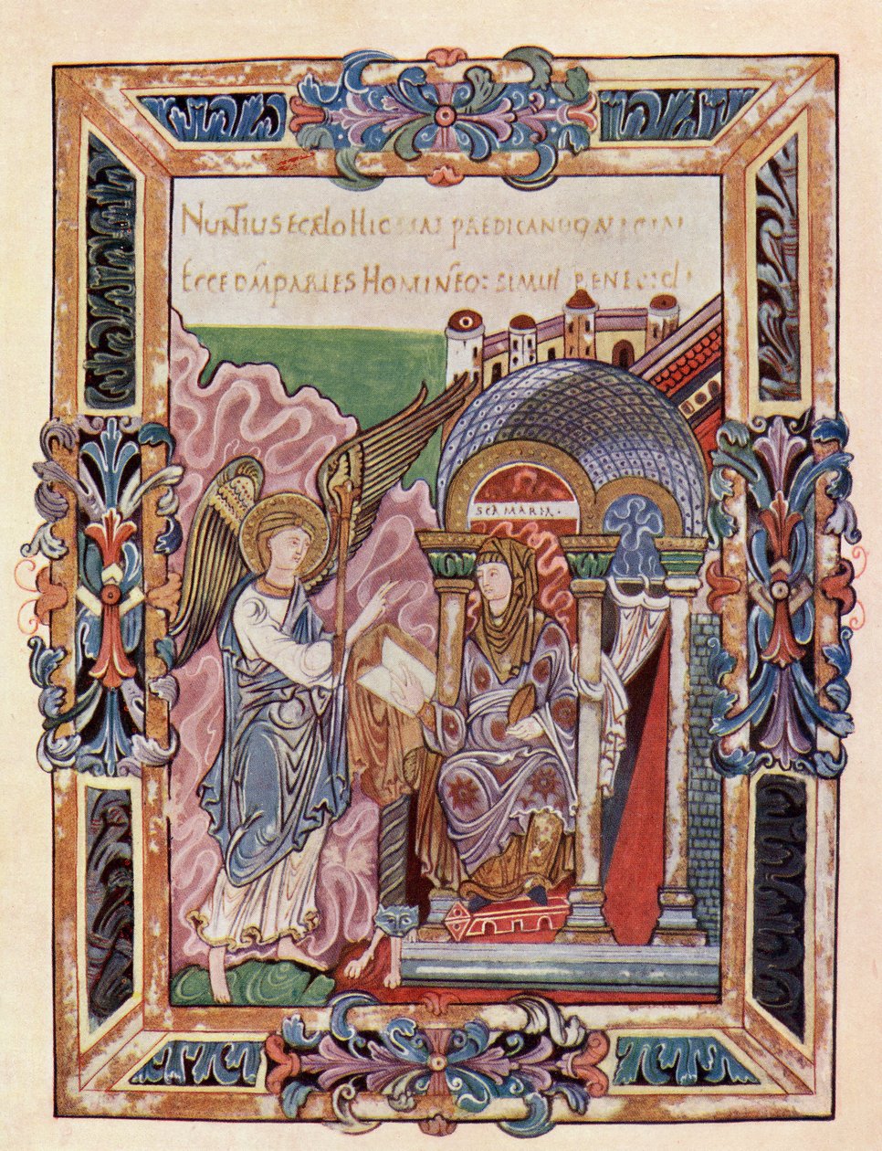 Facsimile van een pagina uit de Ethelwold Benedictional die de Aankondiging toont, uit het boek The Church of England: A History for the People door English School