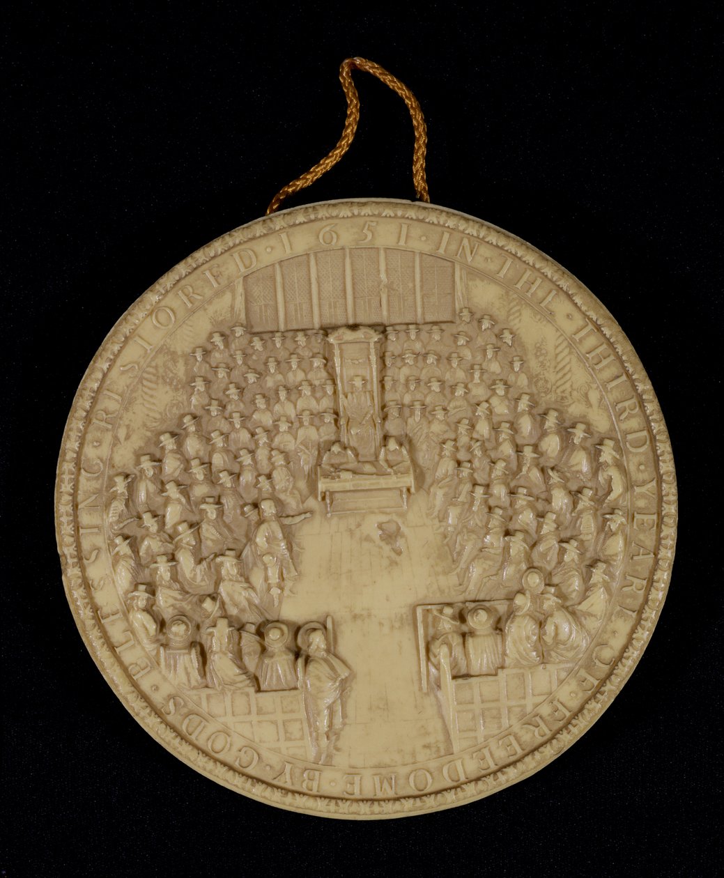Facsimile van het Grootzegel van Engeland van 1651, voorzijde met afbeelding van het Lagerhuis in zitting door English School