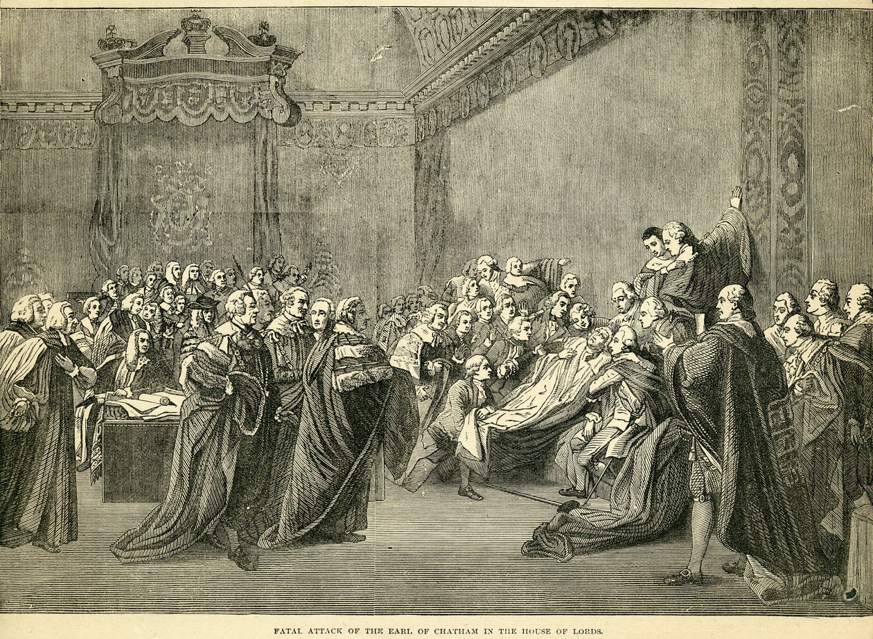 Fatale aanval op de graaf van Chatham in het Hogerhuis, 1778 door English School